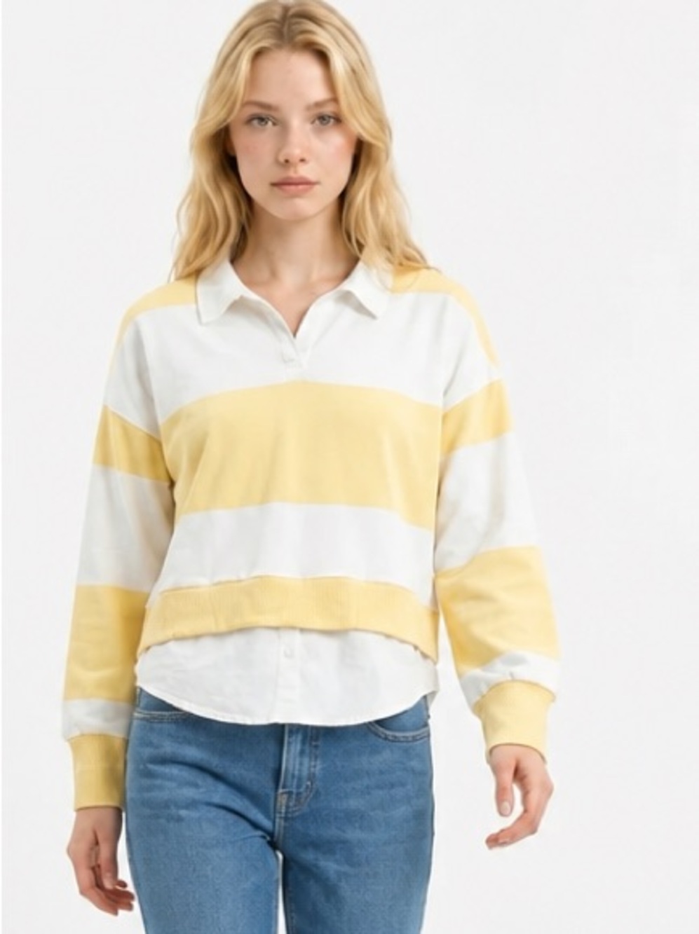 Striped Yellow & White Rugby-Style Pullover Top with faux button top underneath